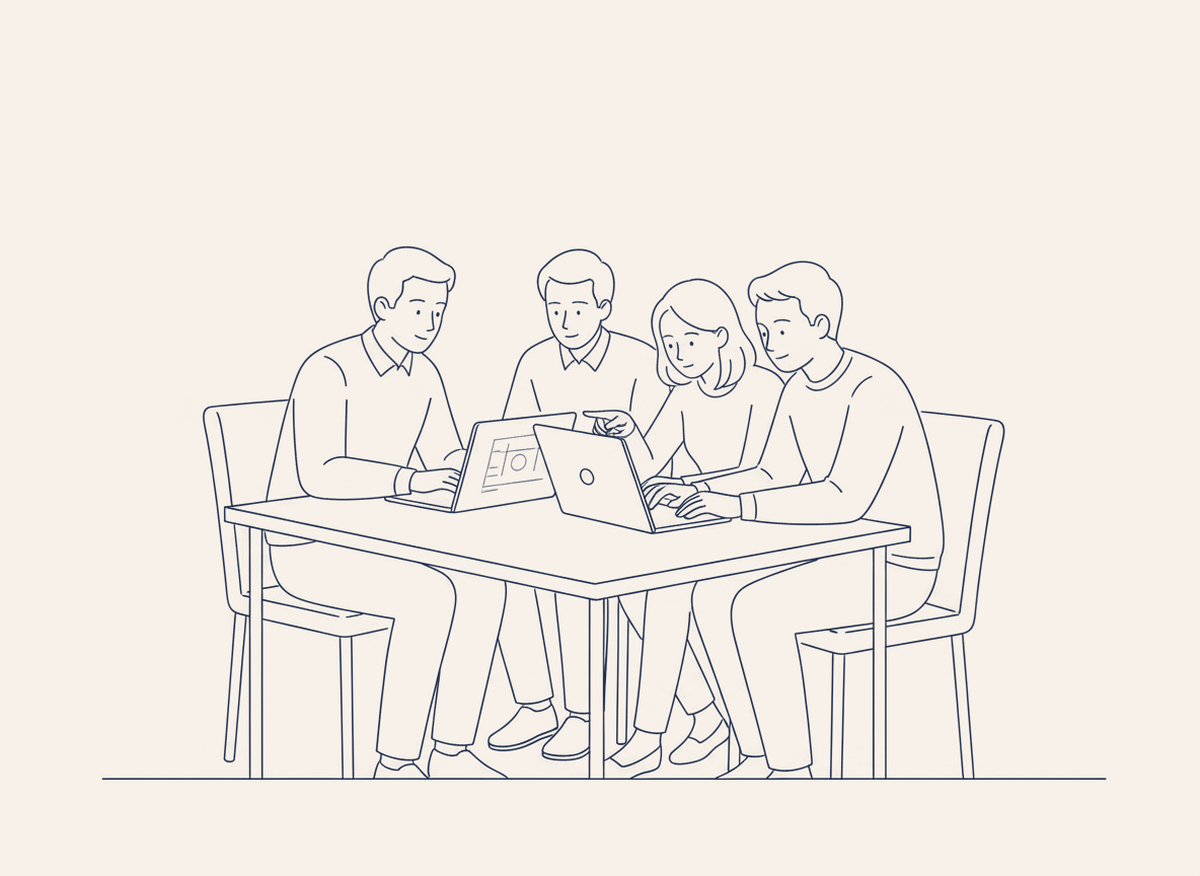 An engineer turning a laptop towards three colleagues at a table.
