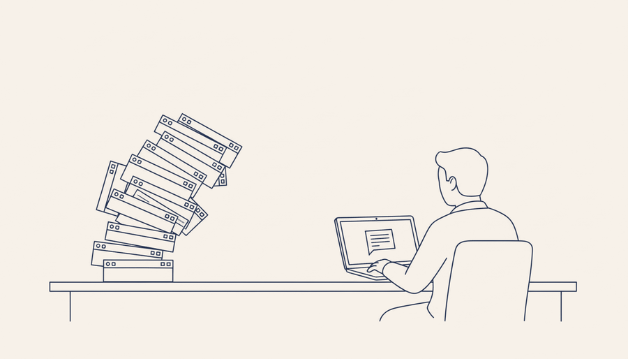 A toppling stack of app windows on one end of a desk, one person at a single chat window on the other.