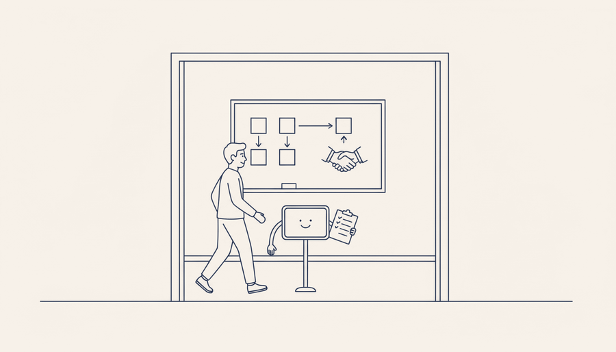 A small chat screen with a clipboard standing at a meeting-room door as a colleague walks in.