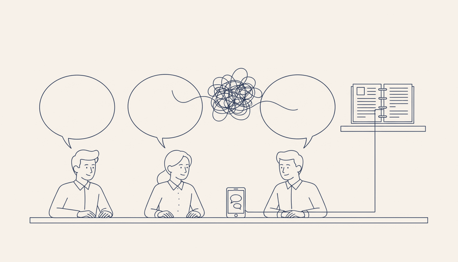 Three colleagues whose speech bubbles are joined by a tangled thread being straightened into a binder.